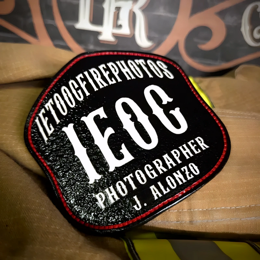 Handcrafted firefighter helmet shield in leather featuring bold LA style layout