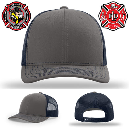 Leather firefighter patch hat showing Lafayette fire department logo