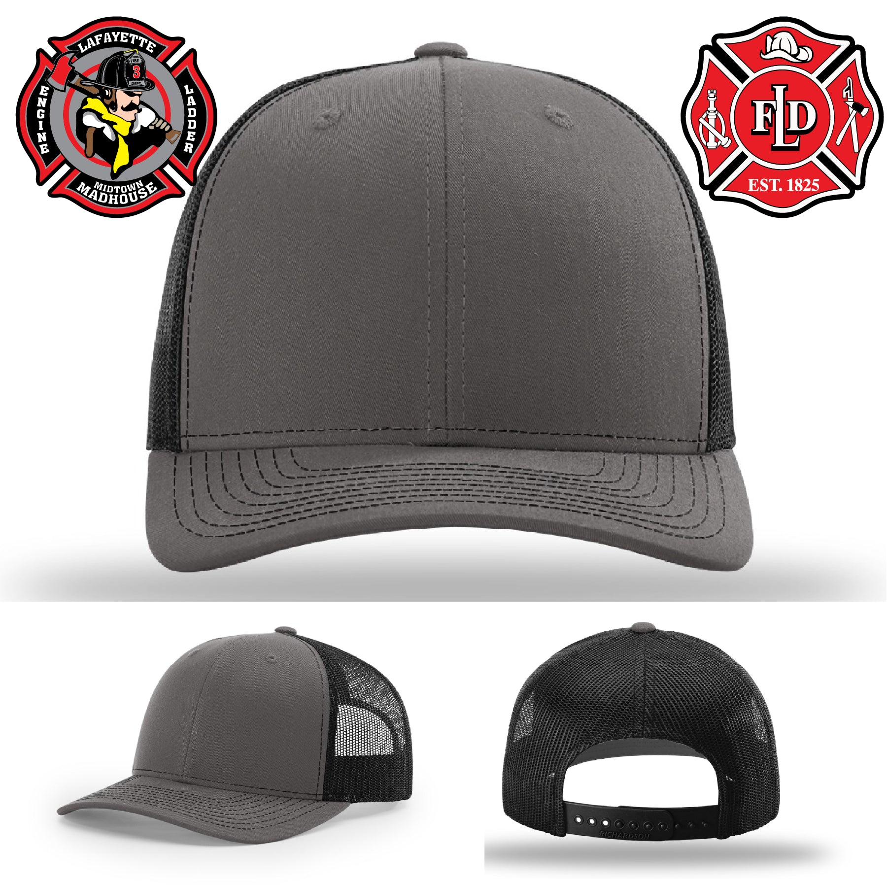 Lafayette firefighter leather patch hat with engraved detail