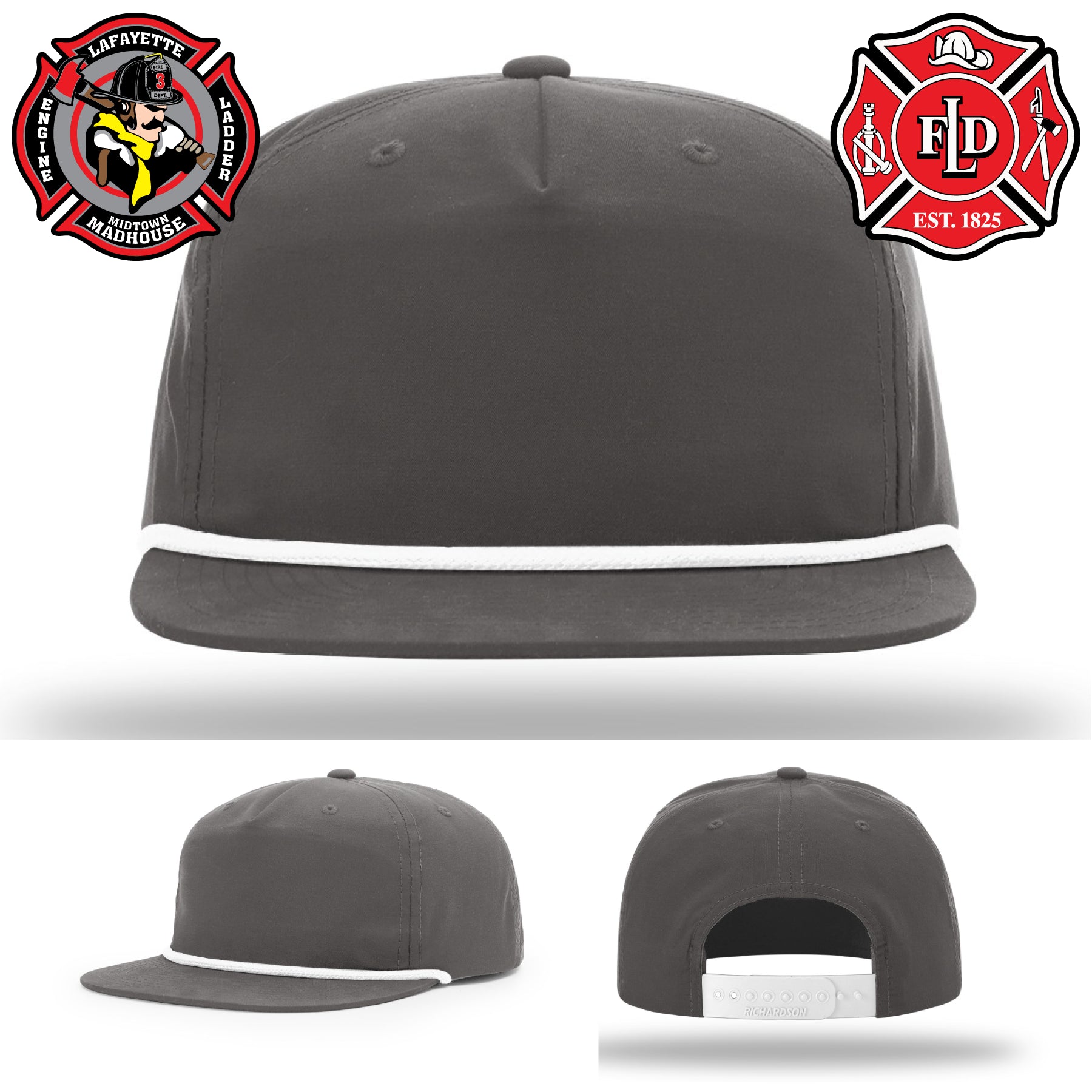 Lafayette firefighter hat featuring engraved custom leather patch