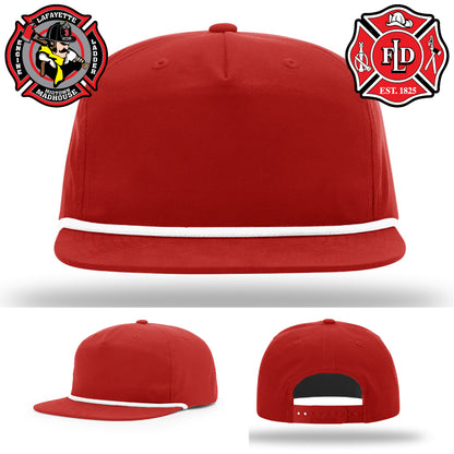 Leather firefighter patch hat with Lafayette fire department design