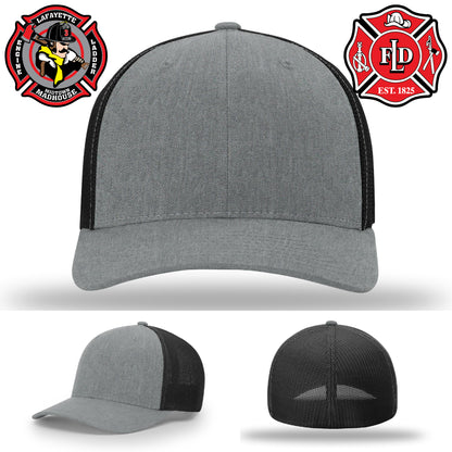 Firefighter station hat featuring Lafayette fire department patch