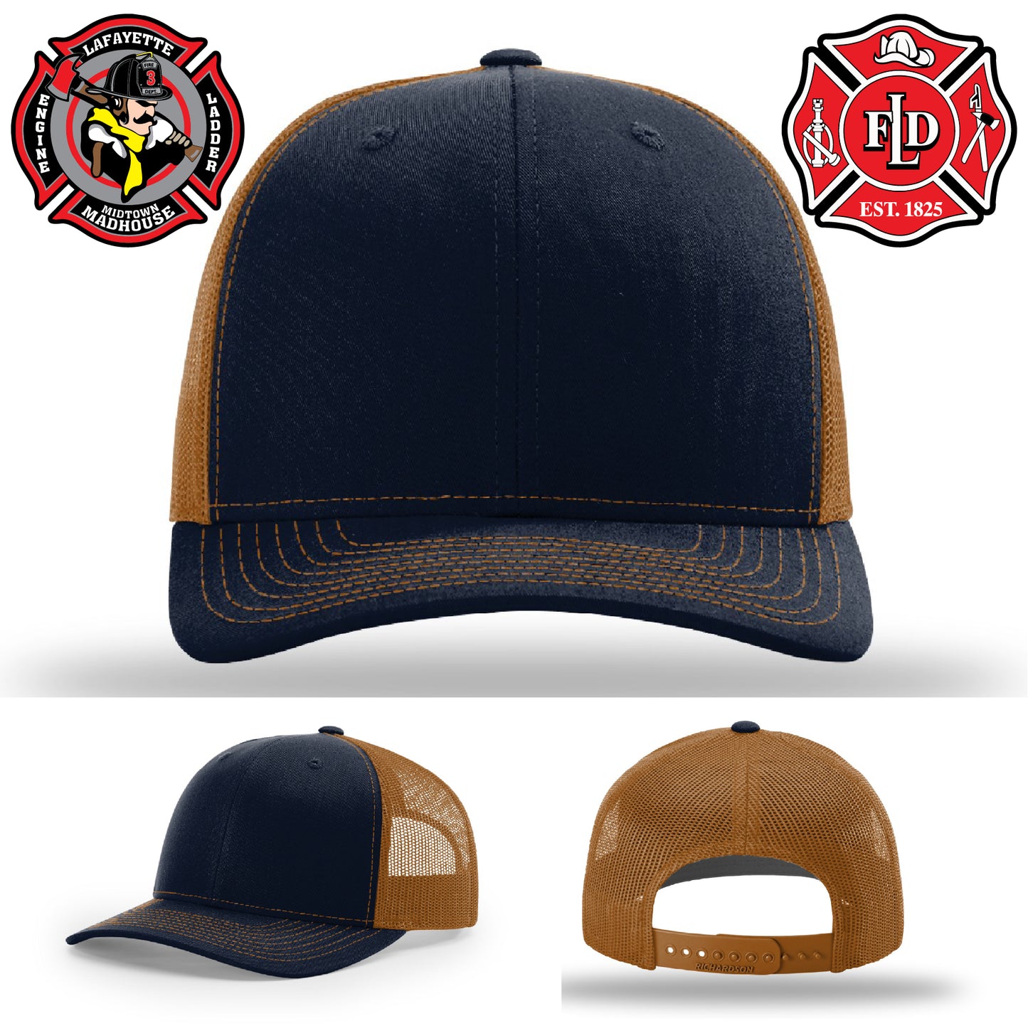Leather firefighter hat with Lafayette fire department patch artwork