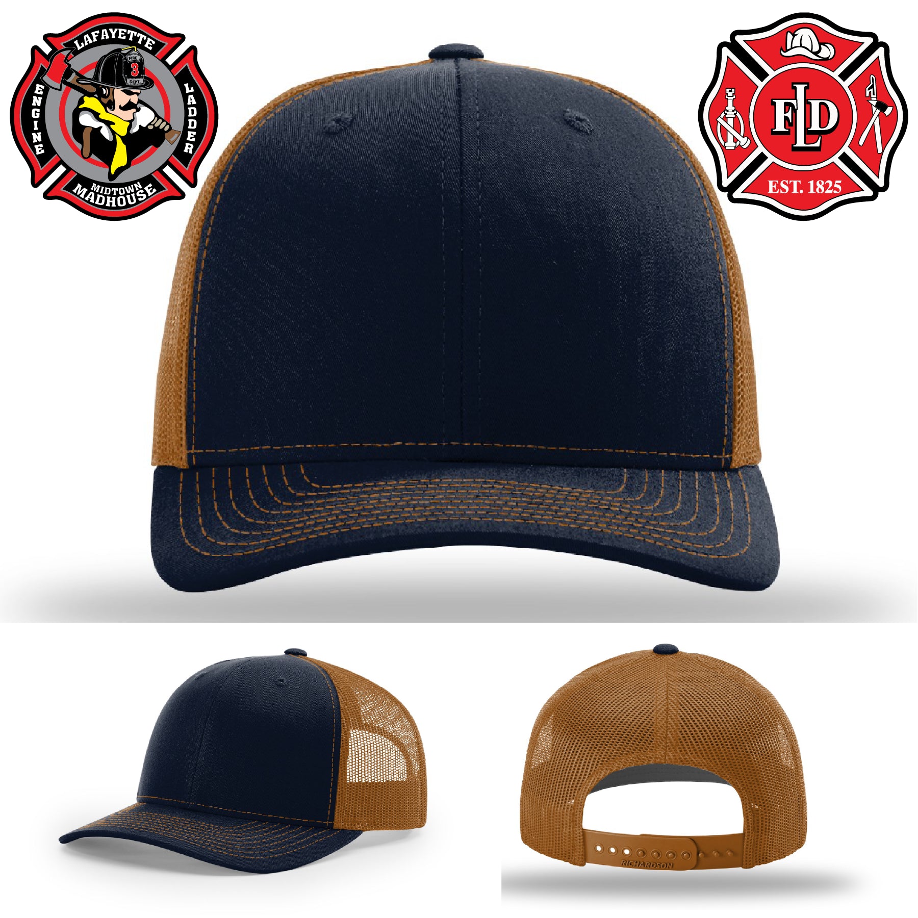 Leather firefighter hat with Lafayette fire department patch artwork