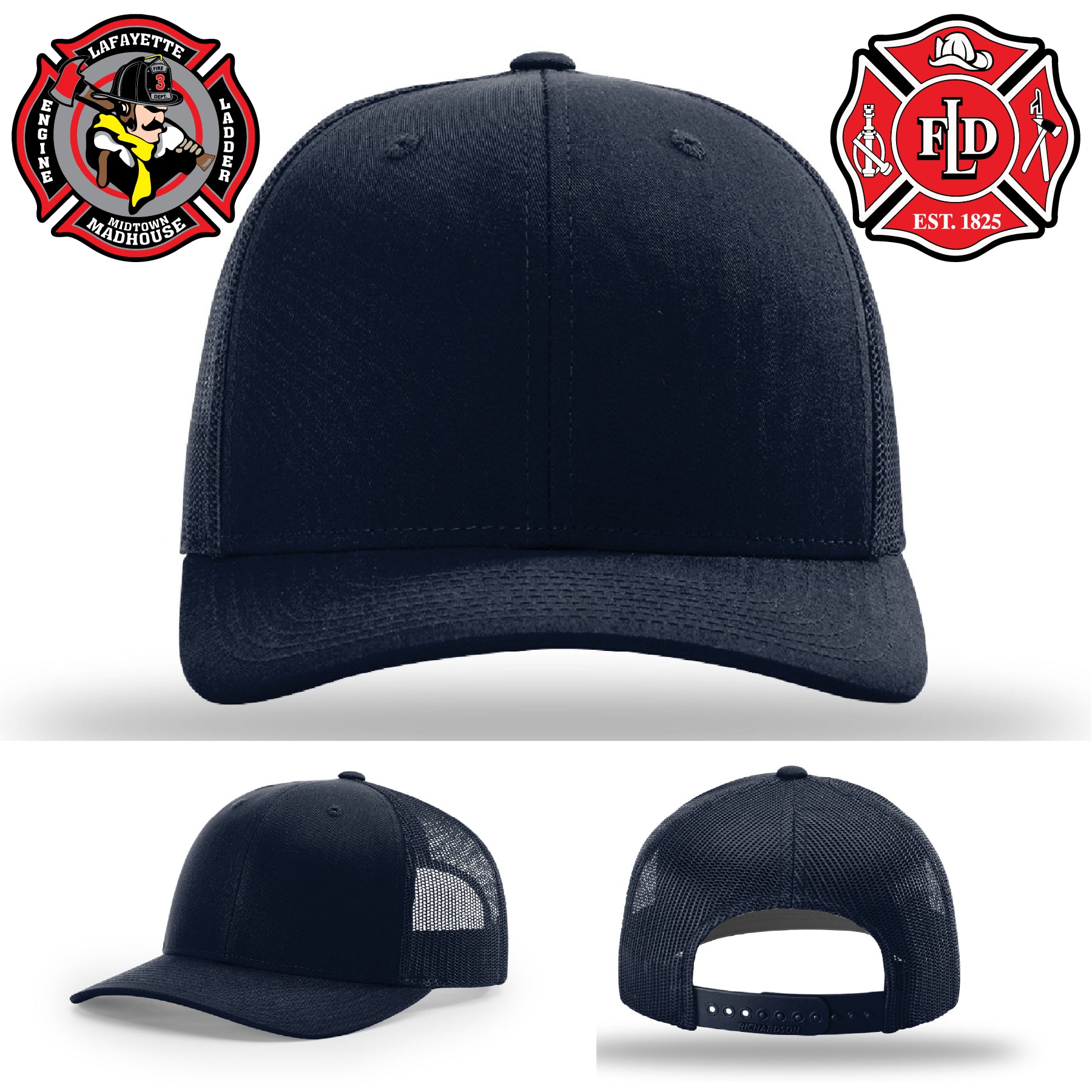 Custom Lafayette firefighter hat built with engraved leather patch