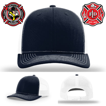 Lafayette firefighter hat with authentic engraved leather design