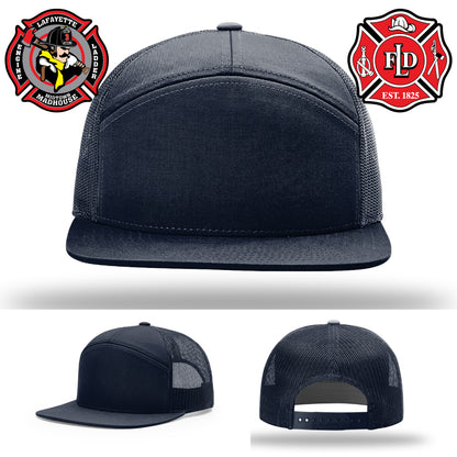 Lafayette firefighter hat featuring custom engraved leather patch