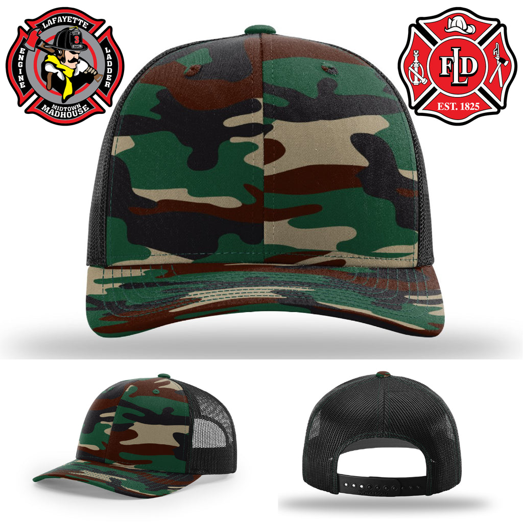 Lafayette firefighter hat with engraved leather patch logo