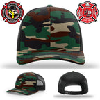 Lafayette firefighter hat with engraved leather patch logo