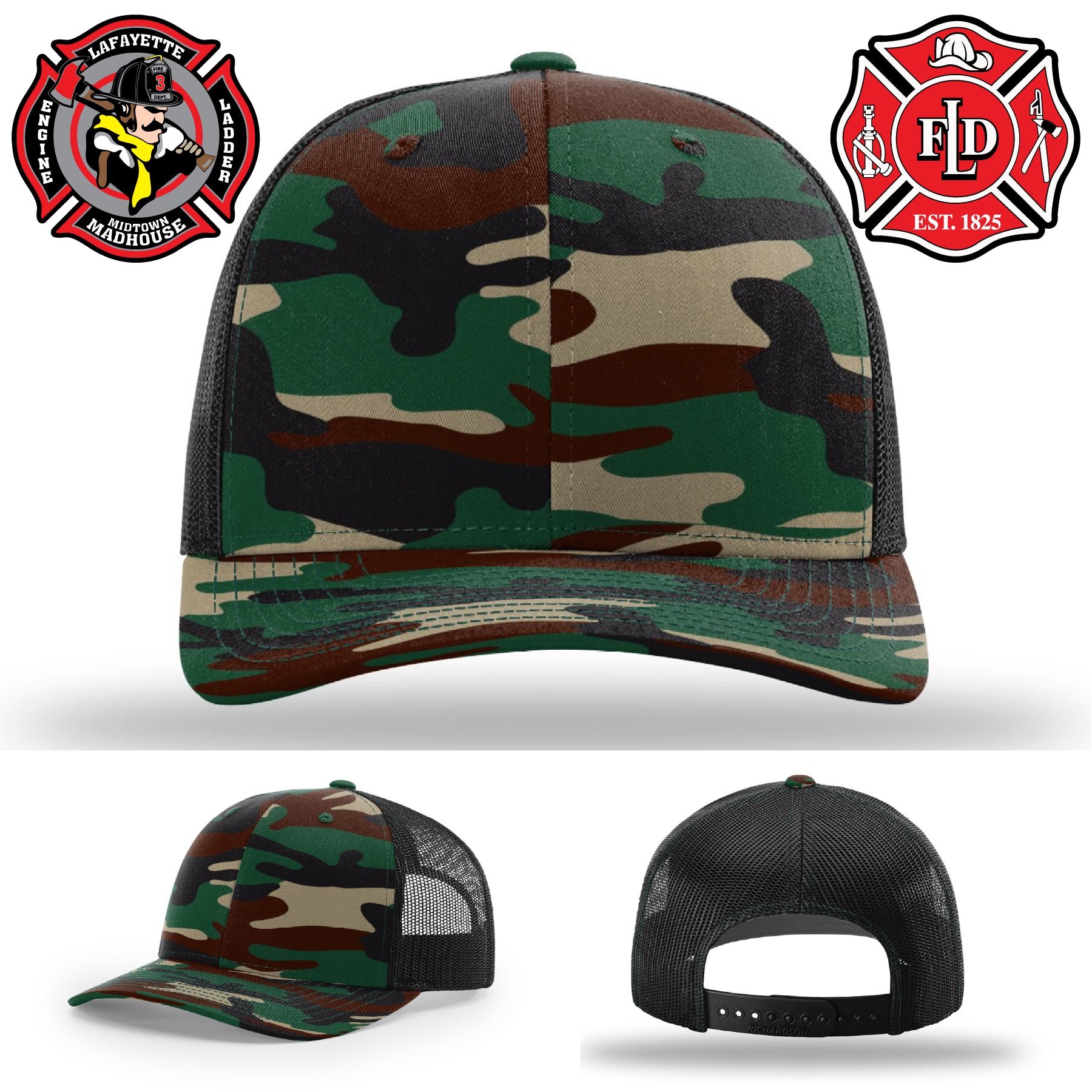 Lafayette firefighter hat with engraved leather patch logo