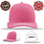 Lafayette firefighter hat featuring engraved leather station patch