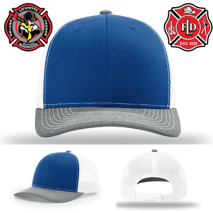 Lafayette firefighter hat featuring authentic engraved leather emblem