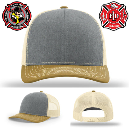 Leather firefighter patch hat showing Lafayette firehouse pride