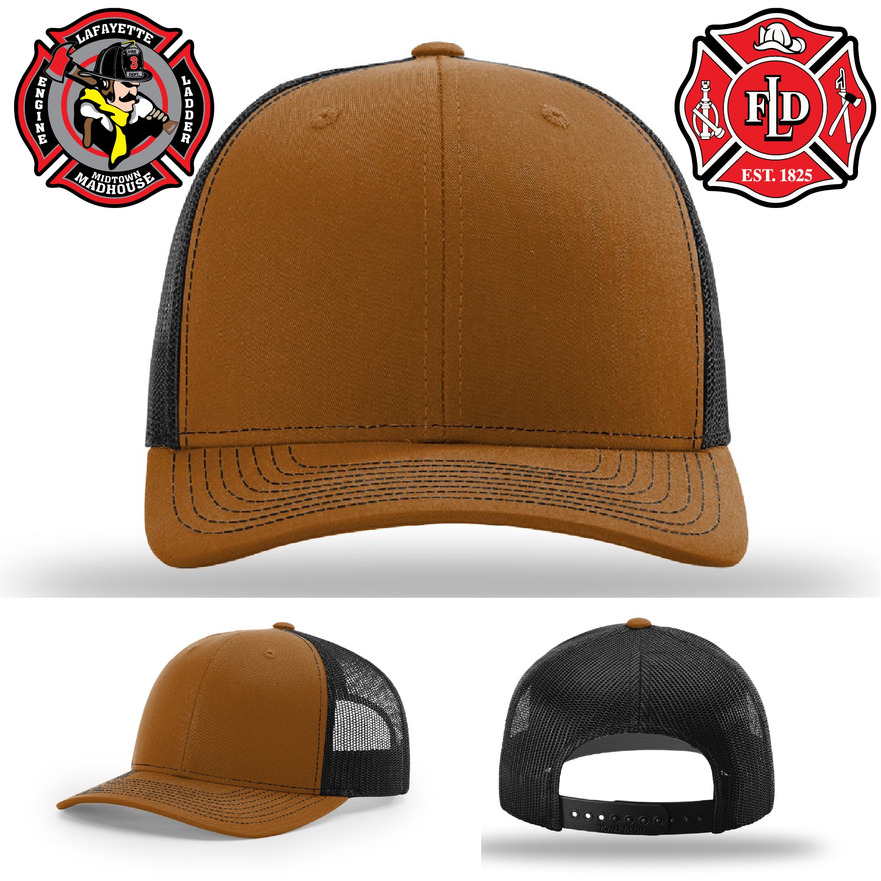 Lafayette firefighter hat designed with engraved leather patch