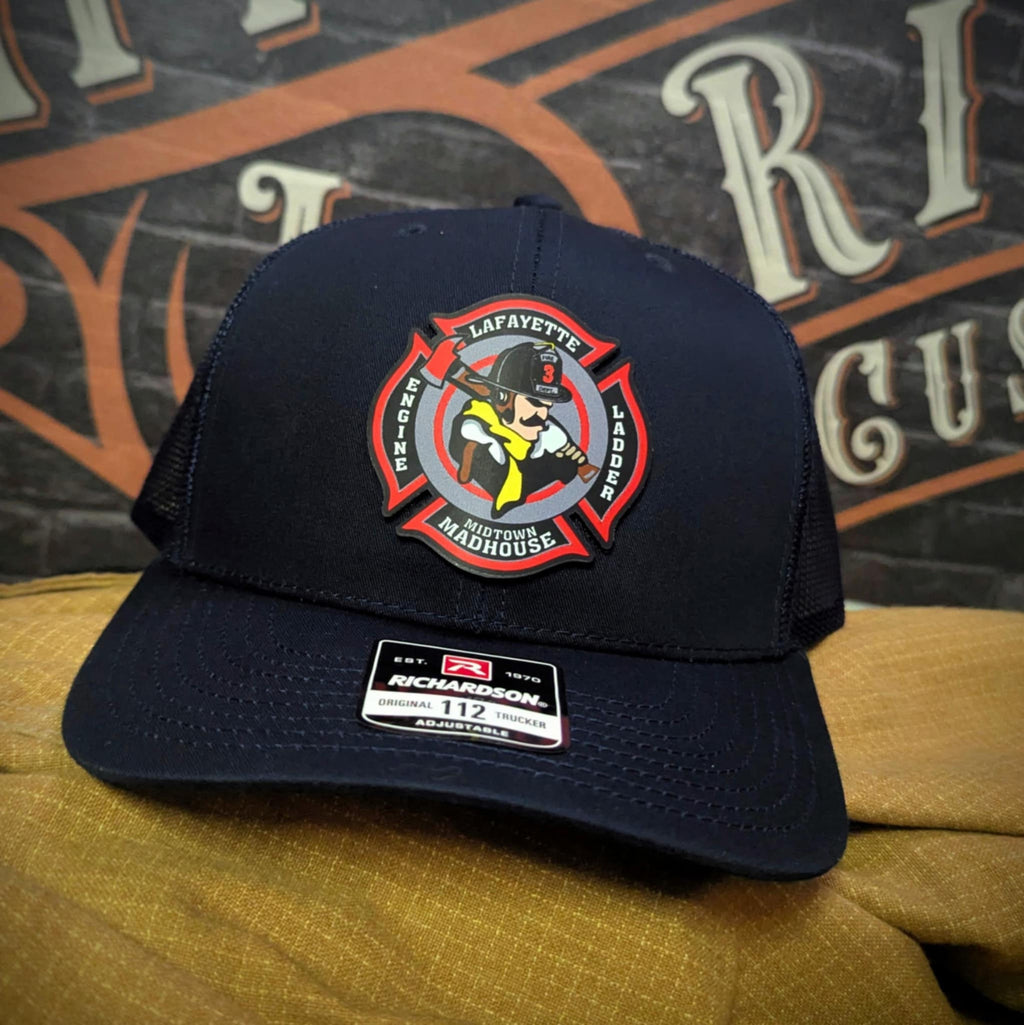 Lafayette Fire Department firefighter hat with custom leather patch