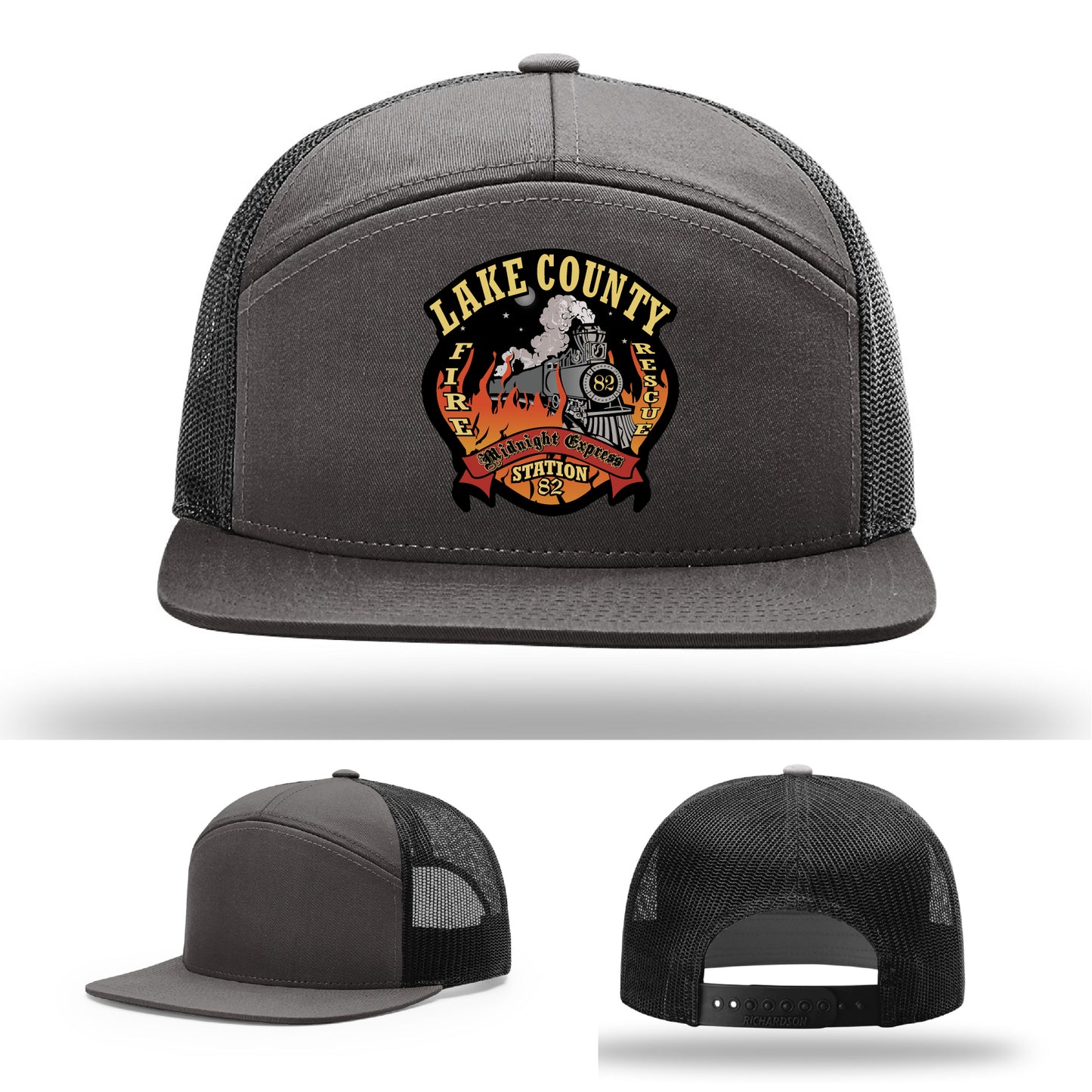 Custom Lake County Station 82 firefighter hat with patch
