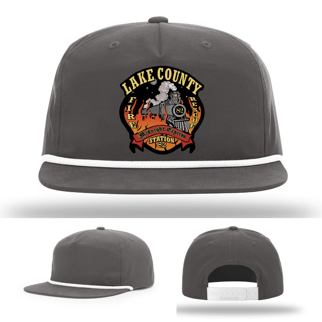 Custom firefighter hat with Lake County Station 82 logo