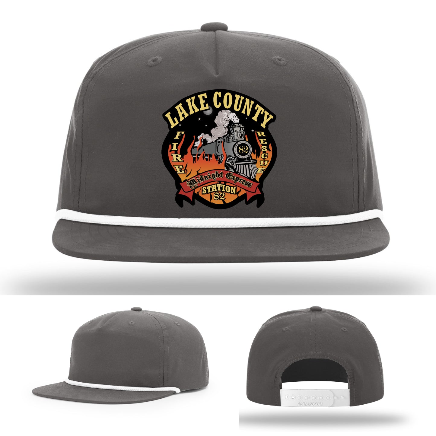 Custom firefighter hat with Lake County Station 82 logo