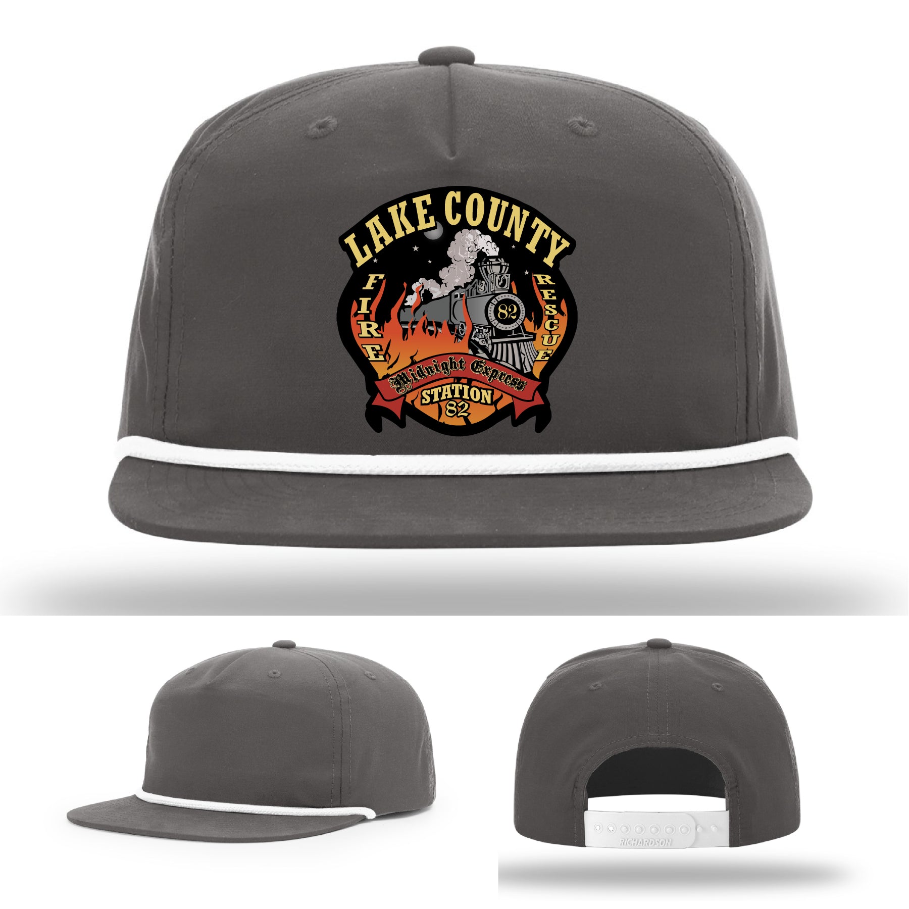 Custom firefighter hat with Lake County Station 82 logo