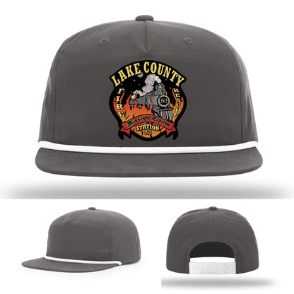 Custom firefighter hat with Lake County Station 82 logo