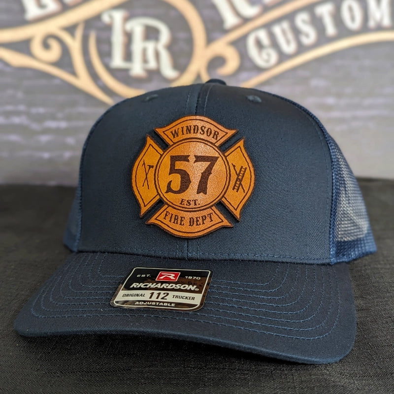 Leather firefighter hat with Maltese Cross patch