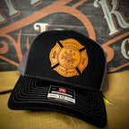 Leather patch firefighter hat with Maltese Cross design