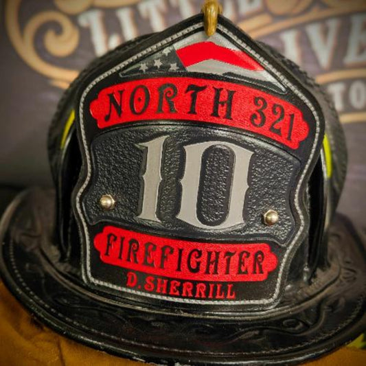 Black leather firefighter helmet shield with red outer ring and gray center panel, classic engine layout.