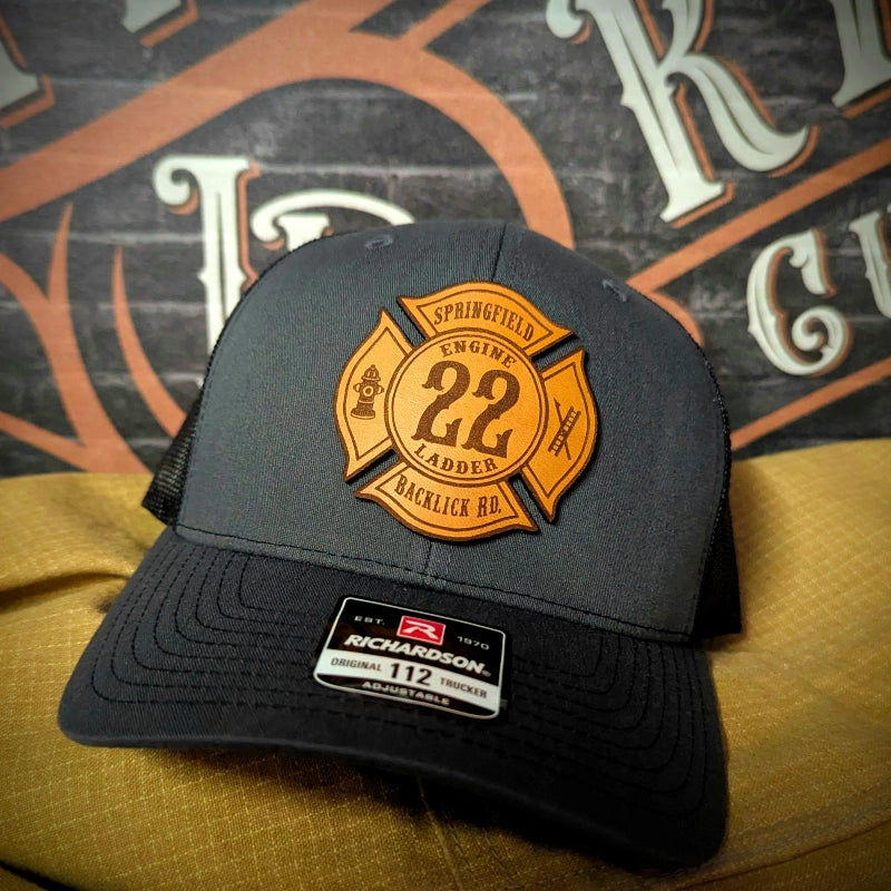 Firefighter hat with leather Maltese Cross patch