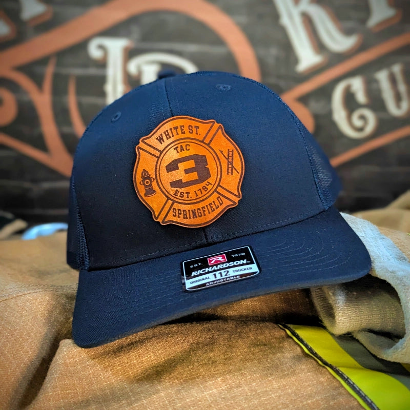Personalized leather patch firefighter hat with Maltese Cross
