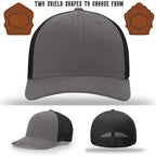 Rugged firehouse hat showing three leather shield patch layouts front
