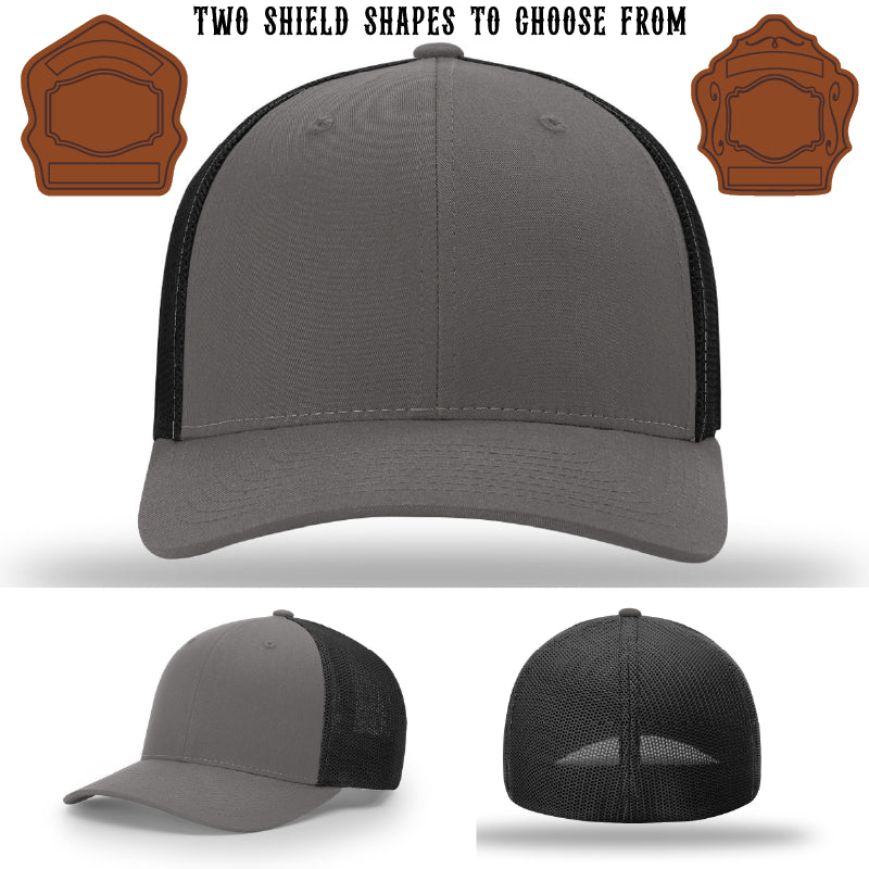 Rugged firehouse hat showing three leather shield patch layouts front