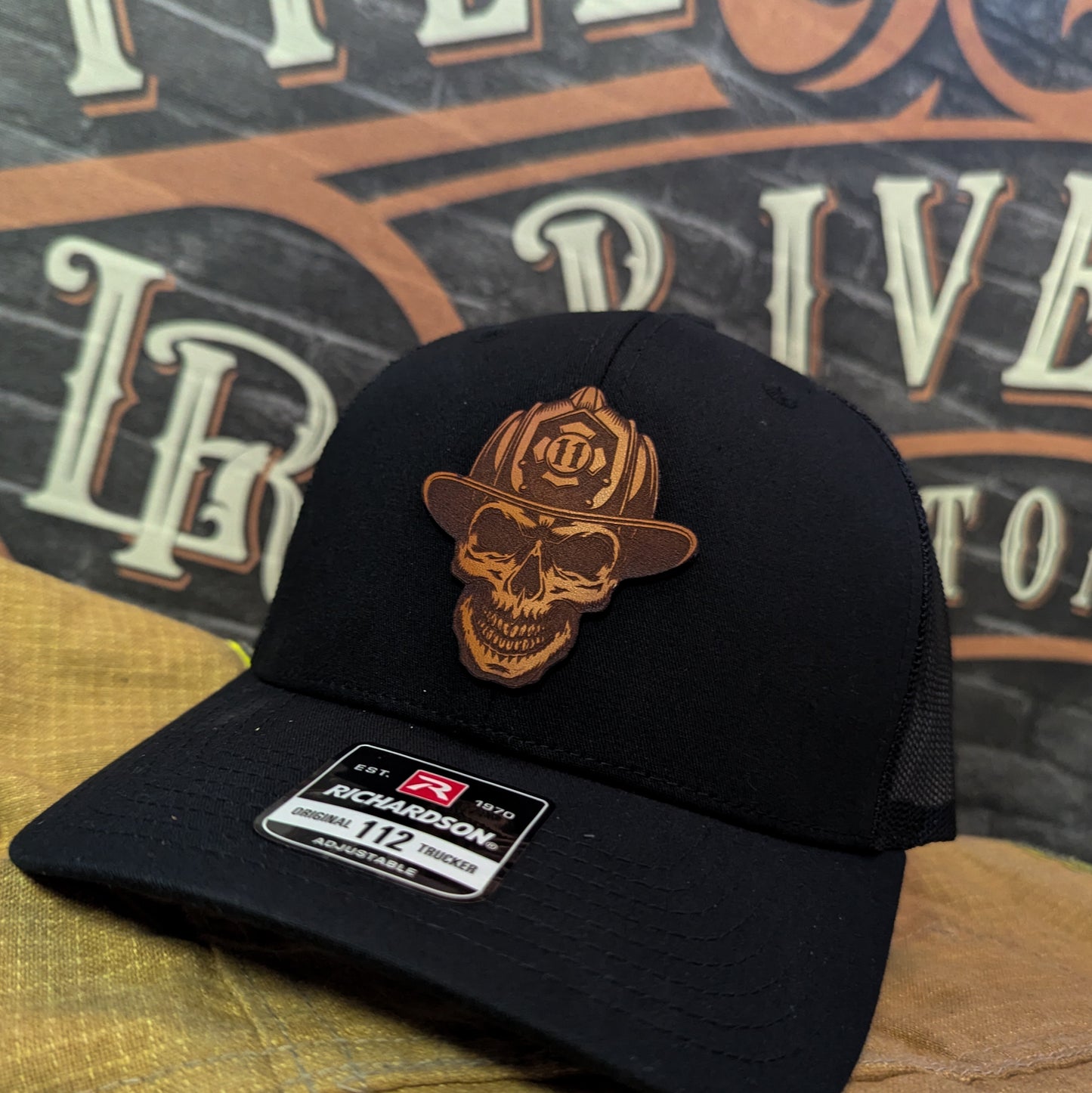 Custom firefighter hats with leather patch on Richardson 112 for your fire department