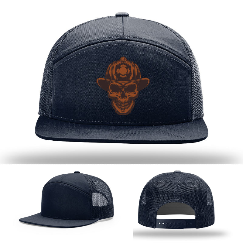 Rugged firefighter hat featuring skull and helmet leather patch design