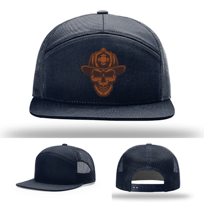 Rugged firefighter hat featuring skull and helmet leather patch design