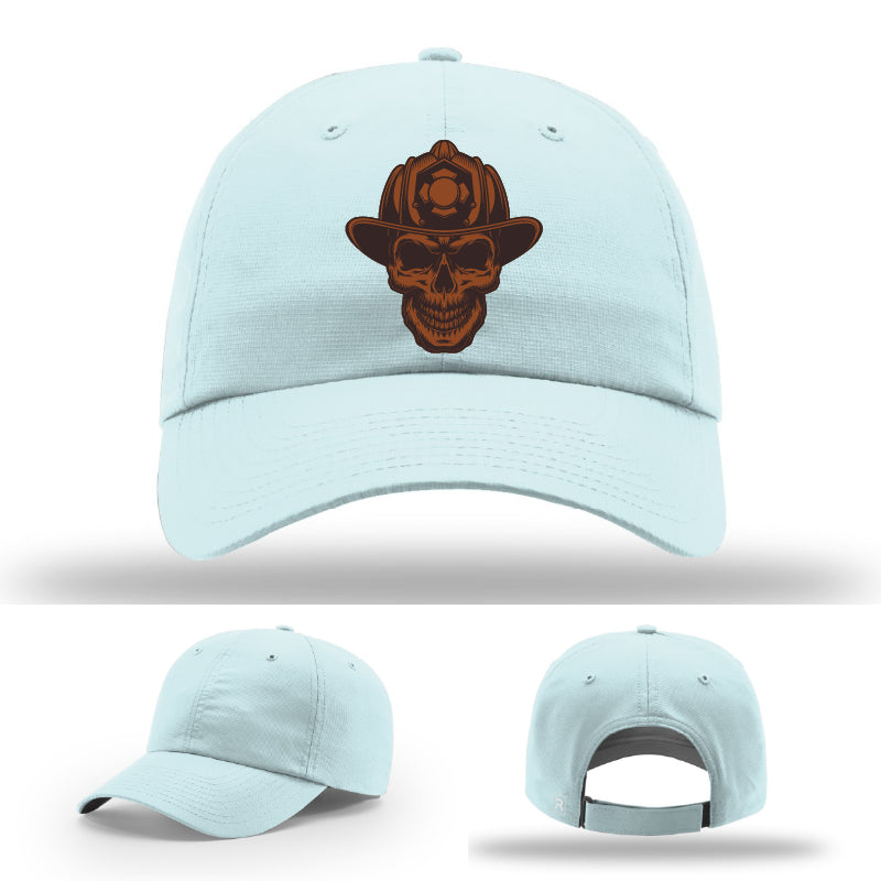 Rugged firefighter gear hat showing Leatherhead skull patch clearly