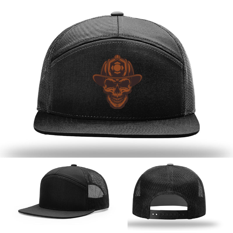 Leatherhead firefighter hat variant showing bold skull leather patch