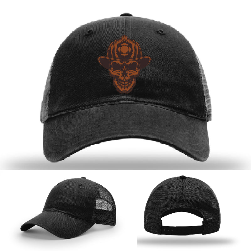 Custom Leatherhead firefighter hat variant with sharp skull emblem