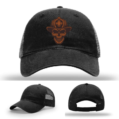 Custom Leatherhead firefighter hat variant with sharp skull emblem