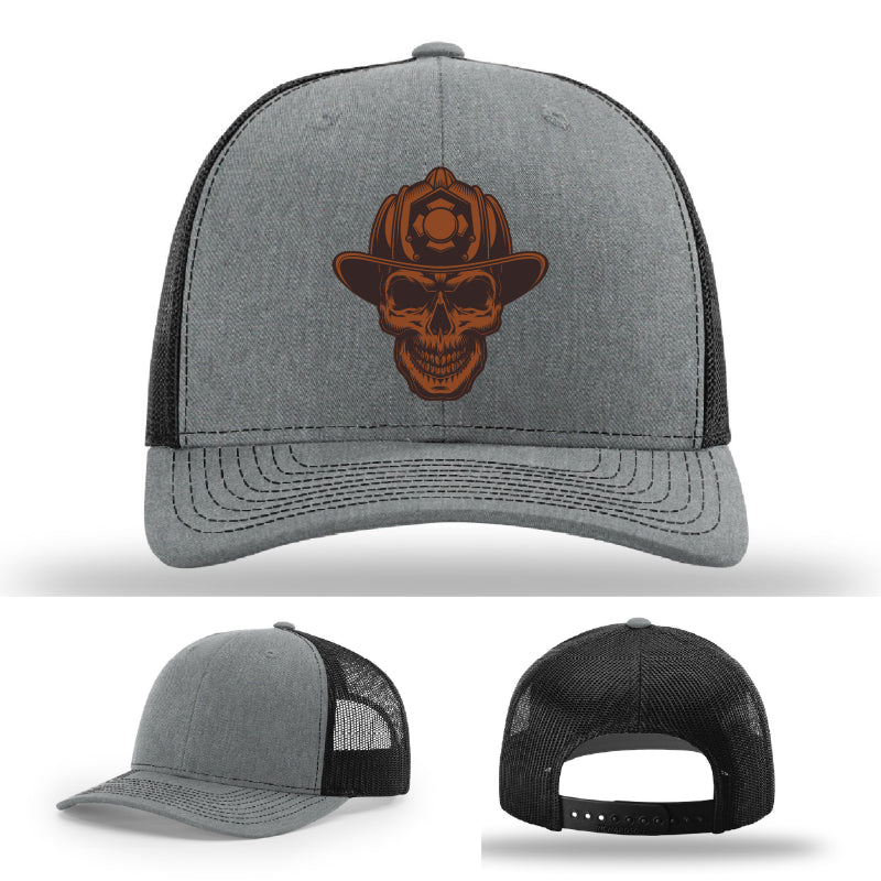 Leatherhead hat variant with skull and helmet patch front facing