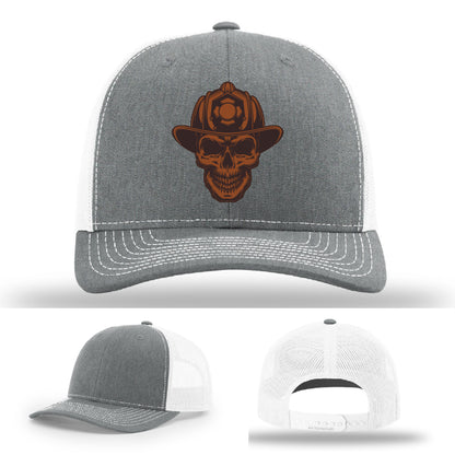 Rugged firefighter station hat variant featuring skull leather patch