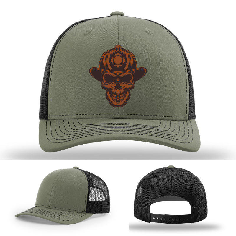 Firefighter gear hat with skull and helmet Leatherhead patch design
