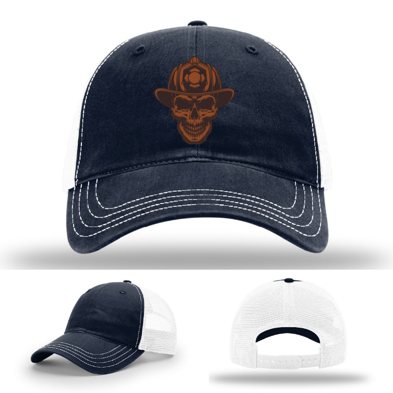 Rugged firefighter station hat with skull and helmet patch front