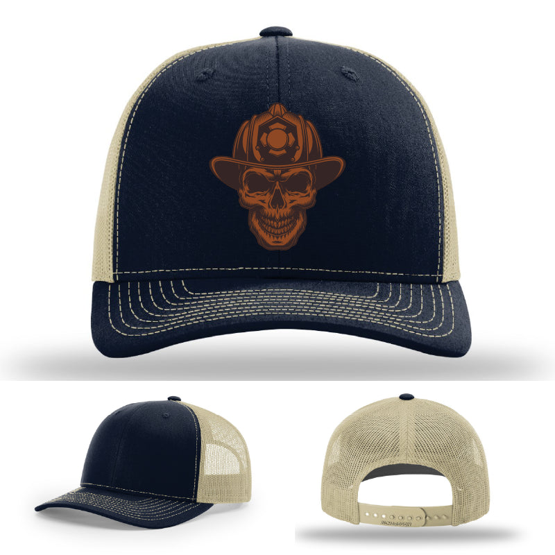 Leatherhead firefighter hat variant with skull leather patch layout