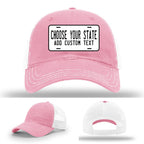 Custom leather patch hats with state license plate designs