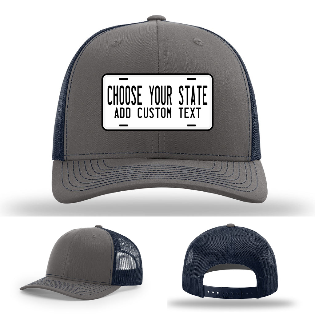 Custom license plate hats with leather patches in color