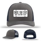 Custom license plate hats with leather patches in color