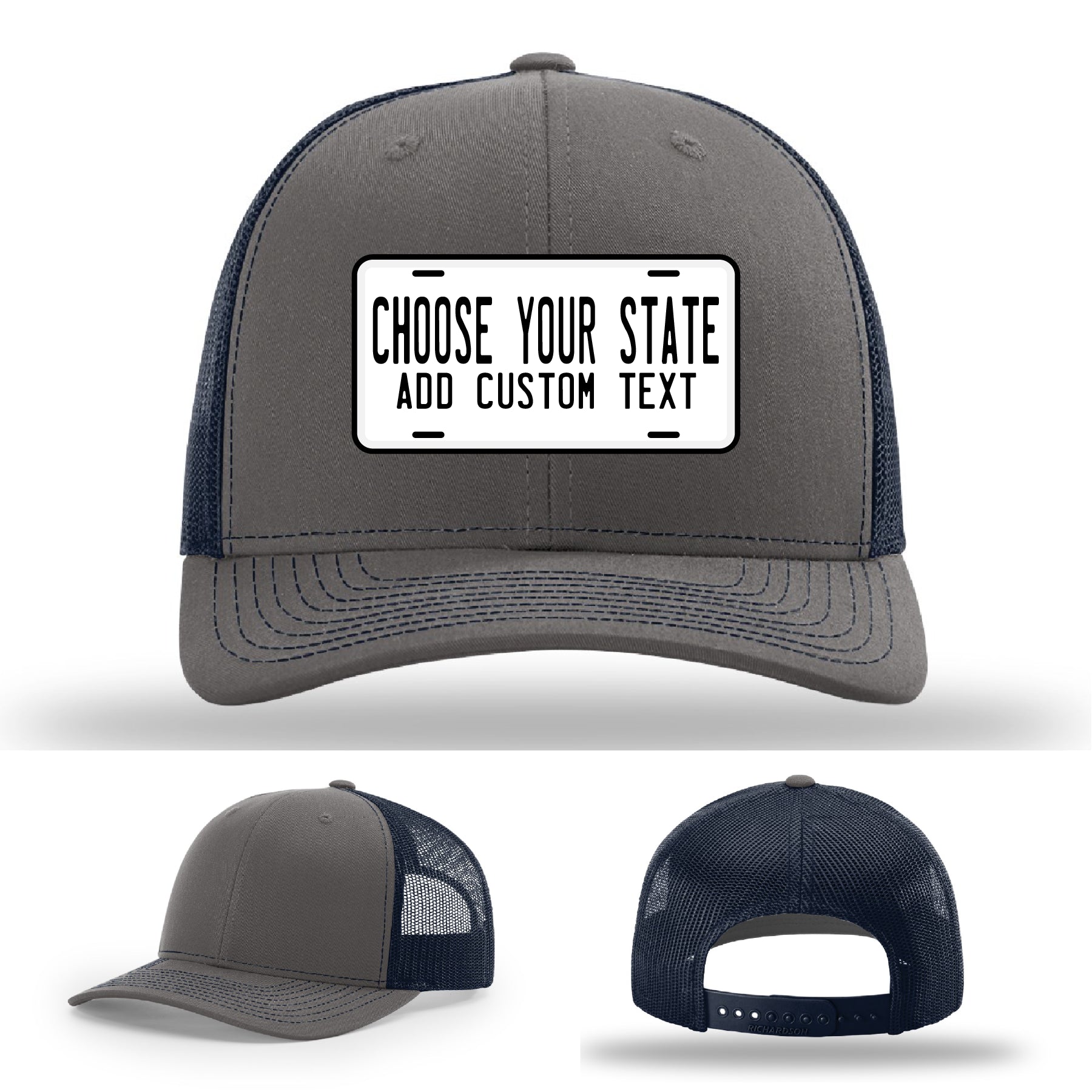 Custom license plate hats with leather patches in color