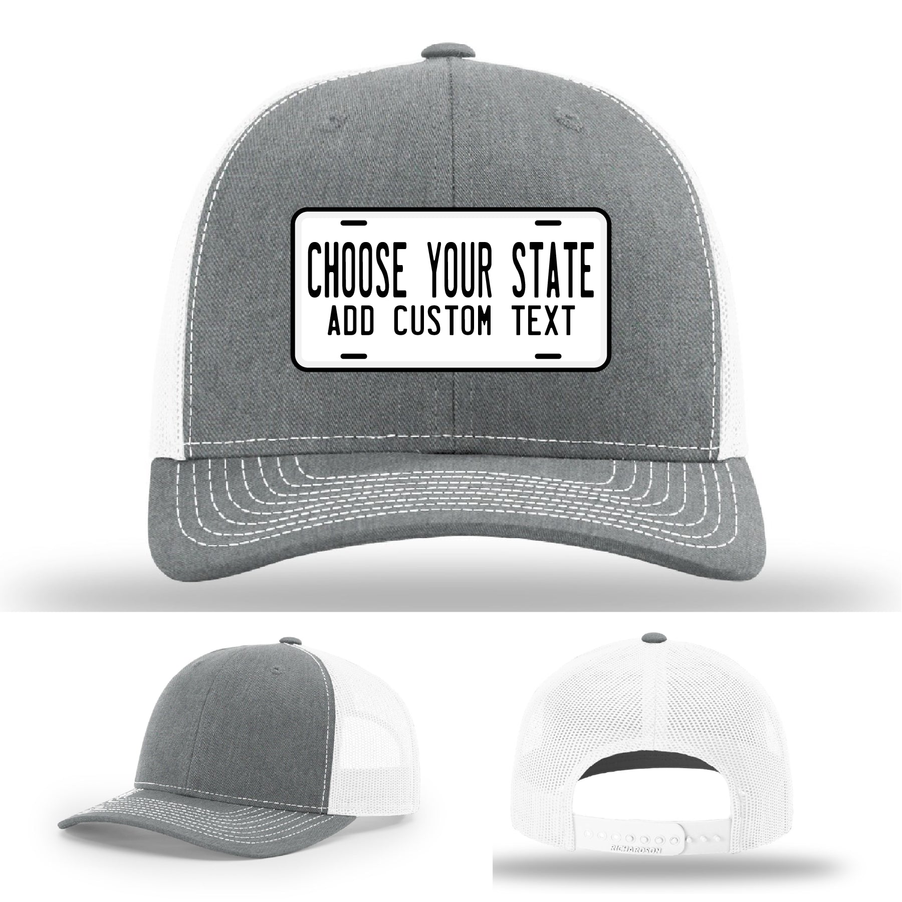 Leather patch hats featuring custom license plate styles