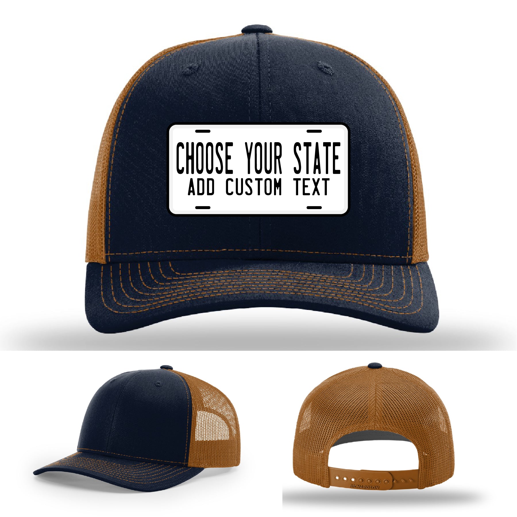 Personalized hats featuring full color license plate patch