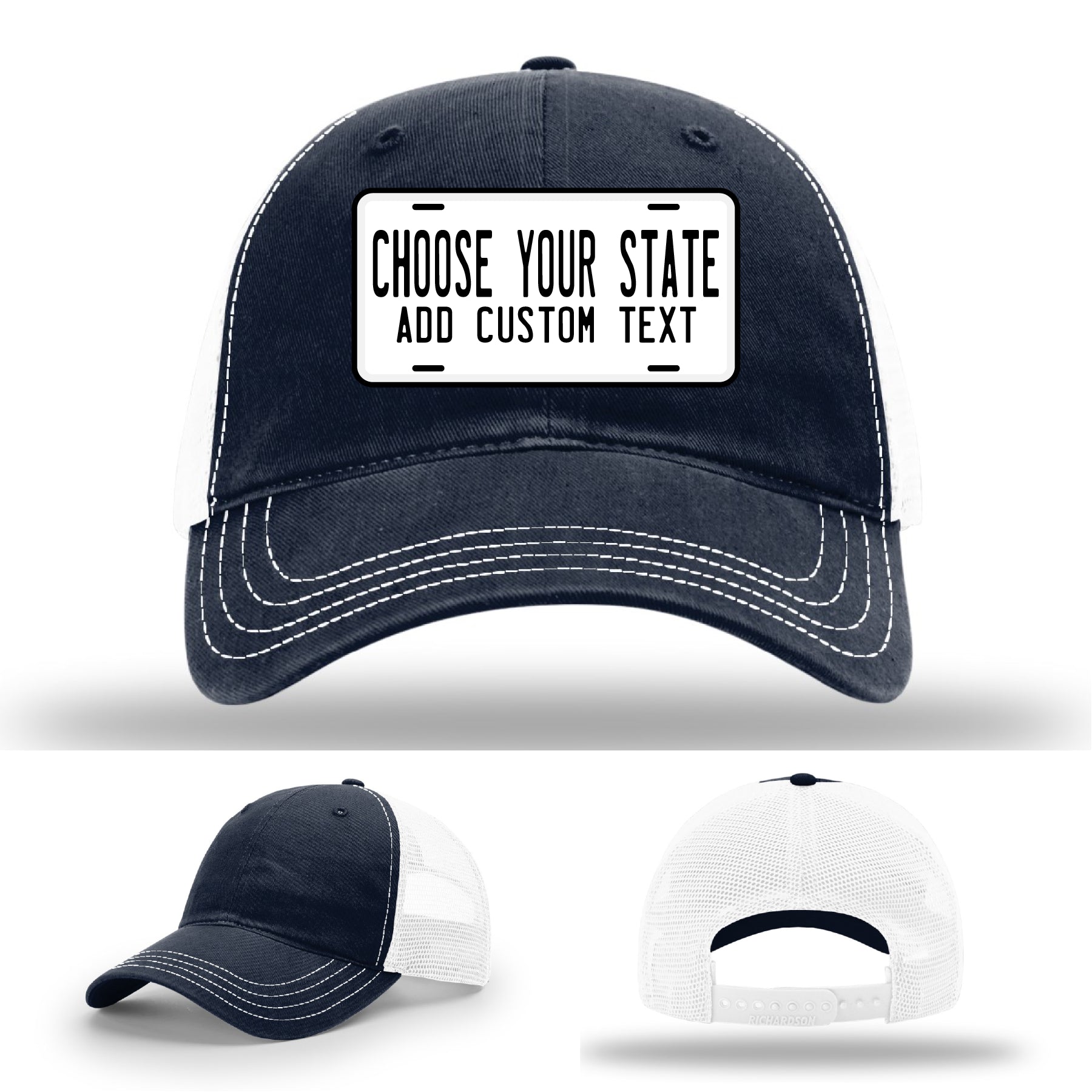 Custom Richardson hats featuring state license plate patch